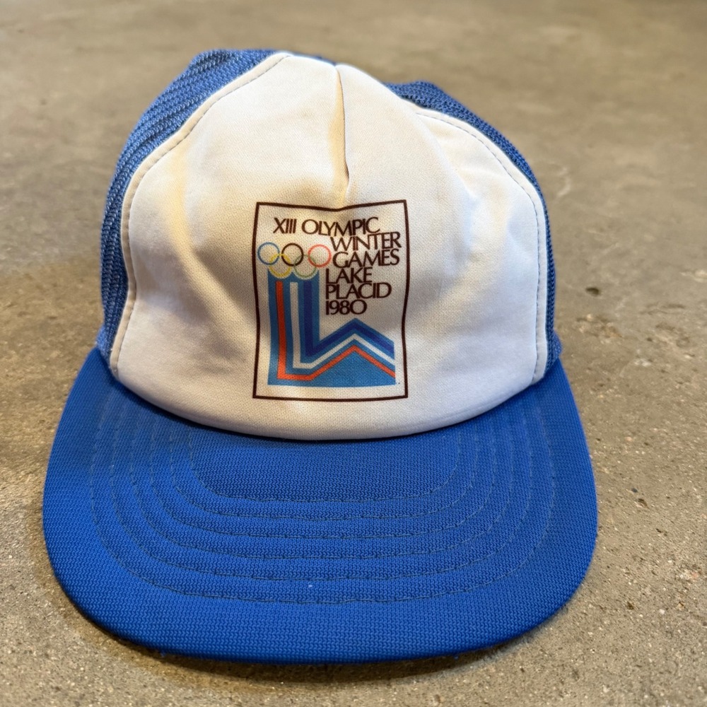 Vintage Trucker Hat Men One Size Blue Lake Placid 1980 Olympic Winter Games